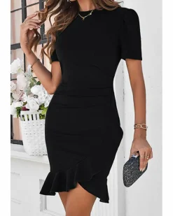 Wrap Dresses*Azura Exchange Plain Wrapped Ruffled Hem Slim Fit Mini Dress Black