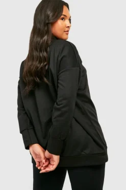 Sweatshirts|Hoodies & Sweatshirts*boohoo Plus Los Angeles Slogan Embroidered Zip Neck Oversized Sweatshirt black
