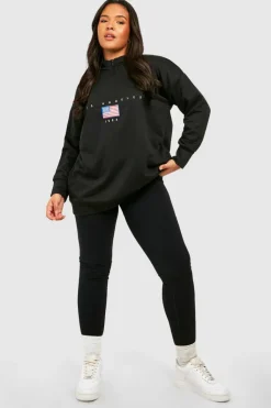 Sweatshirts|Hoodies & Sweatshirts*boohoo Plus Los Angeles Slogan Embroidered Zip Neck Oversized Sweatshirt black
