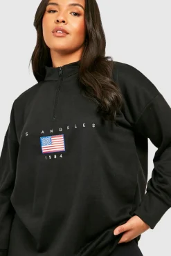 Sweatshirts|Hoodies & Sweatshirts*boohoo Plus Los Angeles Slogan Embroidered Zip Neck Oversized Sweatshirt black