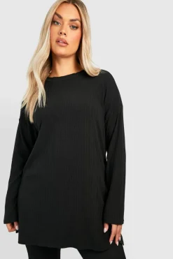 Long Sleeve Tops*boohoo Plus Soft Rib Long Sleeve Tunic Top black