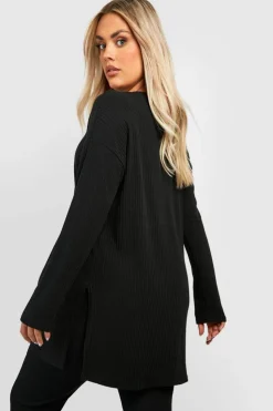 Long Sleeve Tops*boohoo Plus Soft Rib Long Sleeve Tunic Top black