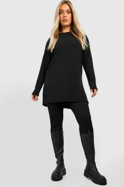 Long Sleeve Tops*boohoo Plus Soft Rib Long Sleeve Tunic Top black