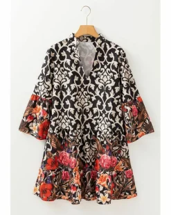 A Line Dresses*Azura Exchange Retro Floral Mixed Print Split Neck A-line Dress Black