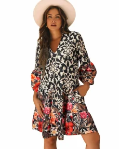 A Line Dresses*Azura Exchange Retro Floral Mixed Print Split Neck A-line Dress Black