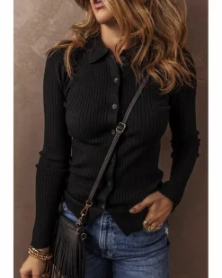 Cardigans*Azura Exchange Ribbed Knit Collared Slim Fit Sweater Cardigan Black