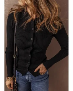 Cardigans*Azura Exchange Ribbed Knit Collared Slim Fit Sweater Cardigan Black