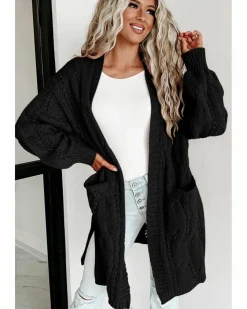 Cardigans*Azura Exchange Ribbed Trim Eyelet Cable Knit Cardigan Black