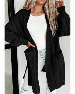 Cardigans*Azura Exchange Ribbed Trim Eyelet Cable Knit Cardigan Black