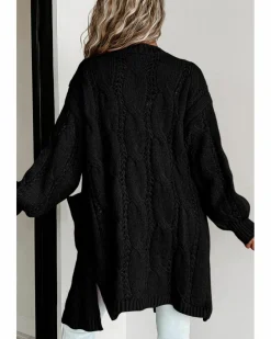 Cardigans*Azura Exchange Ribbed Trim Eyelet Cable Knit Cardigan Black