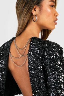 Long Sleeve Tops*boohoo Sequin Chain Back Detail Long Sleeve Top black