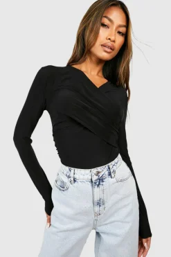 Long Sleeve Tops*boohoo Slinky Drape Wrap Front Long Sleeve Top black