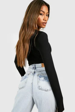 Long Sleeve Tops*boohoo Slinky Drape Wrap Front Long Sleeve Top black