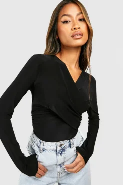 Long Sleeve Tops*boohoo Slinky Drape Wrap Front Long Sleeve Top black