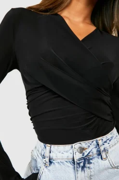 Long Sleeve Tops*boohoo Slinky Drape Wrap Front Long Sleeve Top black