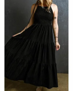 Smock Dresses*Azura Exchange Spaghetti Straps Smocked Pleated Tiered Maxi Dress Black