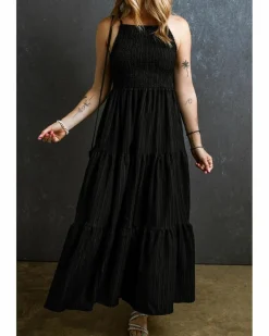 Smock Dresses*Azura Exchange Spaghetti Straps Smocked Pleated Tiered Maxi Dress Black