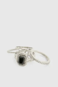 Rings*boohoo Black Stone Embellished Ring 4 Pack silver