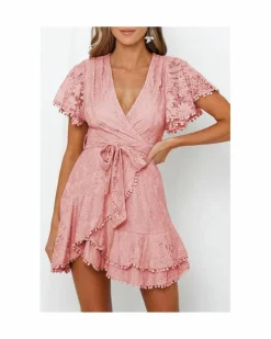 Shirt Dresses|T-Shirt Dresses*Azura Exchange Black Stripe Contrast Ruffled Sleeve T-shirt Dress Pink