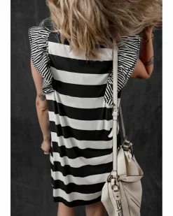 Shirt Dresses|T-Shirt Dresses*Azura Exchange Black Stripe Contrast Ruffled Sleeve T-shirt Dress Multi