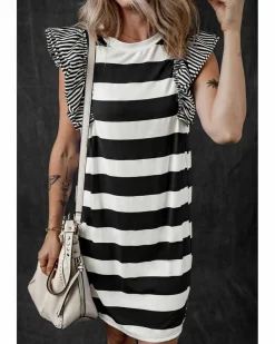 Shirt Dresses|T-Shirt Dresses*Azura Exchange Black Stripe Contrast Ruffled Sleeve T-shirt Dress Multi