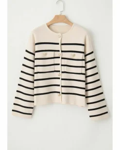 Cardigans*Azura Exchange Black Stripe Flap Pocket Buttoned Cardigan Sweater Multi