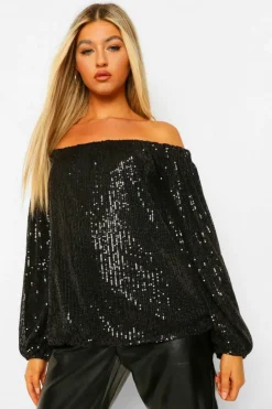 Long Sleeve Tops*boohoo Tall Sequin Bardot Long Sleeve Top black