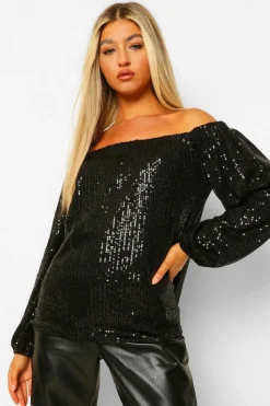 Long Sleeve Tops*boohoo Tall Sequin Bardot Long Sleeve Top black