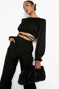 Long Sleeve Tops*boohoo Tie Waist Long Sleeve Crop Top black