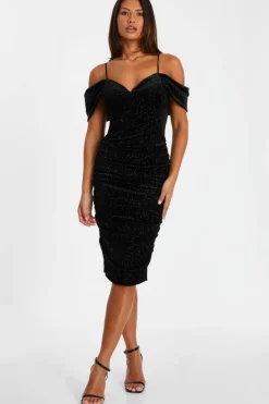 Midi Dresses*Quiz Velvet Glitter Cold Shoulder Midi Dress Black