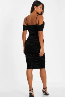 Midi Dresses*Quiz Velvet Glitter Cold Shoulder Midi Dress Black