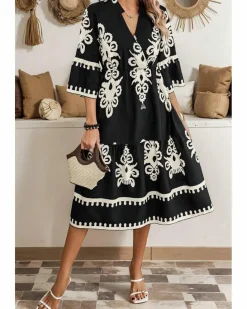 Midi Dresses*Azura Exchange Western Geometric Print 3/4 Sleeve Loose Midi Dress Black