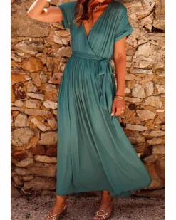 Wrap Dresses*Azura Exchange Blackish Solid Color V Neck Wrap Pleated Short Sleeve Maxi Dress Green