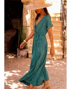 Wrap Dresses*Azura Exchange Blackish Solid Color V Neck Wrap Pleated Short Sleeve Maxi Dress Green