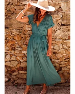 Wrap Dresses*Azura Exchange Blackish Solid Color V Neck Wrap Pleated Short Sleeve Maxi Dress Green
