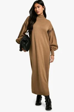 Jumper Dresses|Jumper Dresses*boohoo Blanket Stitch Detail Oversized Knitted Maxi Dress camel