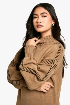 Jumper Dresses|Jumper Dresses*boohoo Blanket Stitch Detail Oversized Knitted Maxi Dress camel