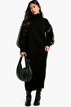 Jumper Dresses|Jumper Dresses*boohoo Blanket Stitch Detail Oversized Knitted Maxi Dress black