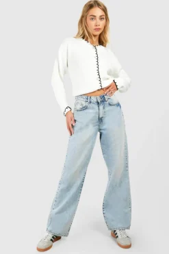 Cardigans|Knitwear*boohoo Blanket Stitch Knitted Crop Cardigan ecru