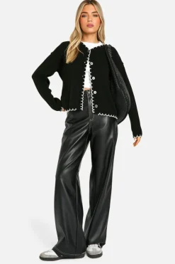 Cardigans|Knitwear*boohoo Blanket Stitch Knitted Crop Cardigan black_ecru