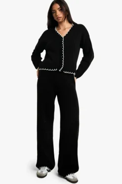 Knitted Co-Ords|Knitwear*boohoo Blanket Stitch Knitted Crop Cardigan and Wide Leg Trouser Co-Ord black
