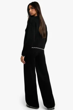 Knitted Co-Ords|Knitwear*boohoo Blanket Stitch Knitted Crop Cardigan and Wide Leg Trouser Co-Ord black