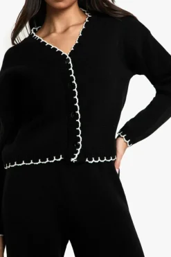 Knitted Co-Ords|Knitwear*boohoo Blanket Stitch Knitted Crop Cardigan and Wide Leg Trouser Co-Ord black