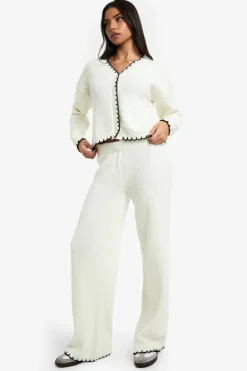 Knitted Co-Ords|Knitwear*boohoo Blanket Stitch Knitted Crop Cardigan and Wide Leg Trouser Co-Ord ecru