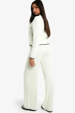 Knitted Co-Ords|Knitwear*boohoo Blanket Stitch Knitted Crop Cardigan and Wide Leg Trouser Co-Ord ecru