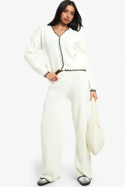 Knitted Co-Ords|Knitwear*boohoo Blanket Stitch Knitted Crop Cardigan and Wide Leg Trouser Co-Ord ecru