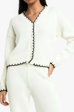Knitted Co-Ords|Knitwear*boohoo Blanket Stitch Knitted Crop Cardigan and Wide Leg Trouser Co-Ord ecru