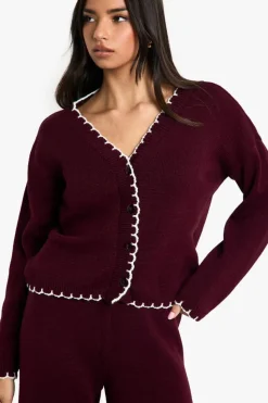 Knitted Co-Ords|Knitwear*boohoo Blanket Stitch Knitted Crop Cardigan and Wide Leg Trouser Co-Ord plum