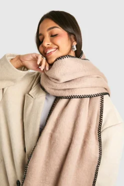 Hats & Gloves|Hats & Gloves*boohoo Blanket Stitch Trim Knitted Scarf stone