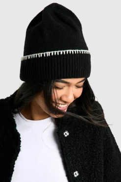 Hats & Gloves|Hats & Gloves*boohoo Blanket Stitch Trim Knitted Beanie black